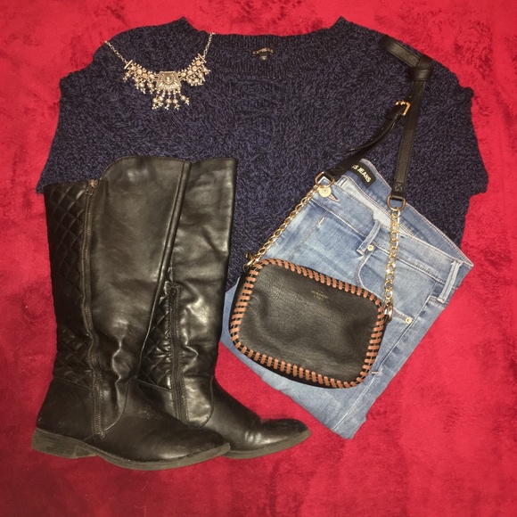 Blue and Black Knit Lace Up Sweater - Picture 2 of 6